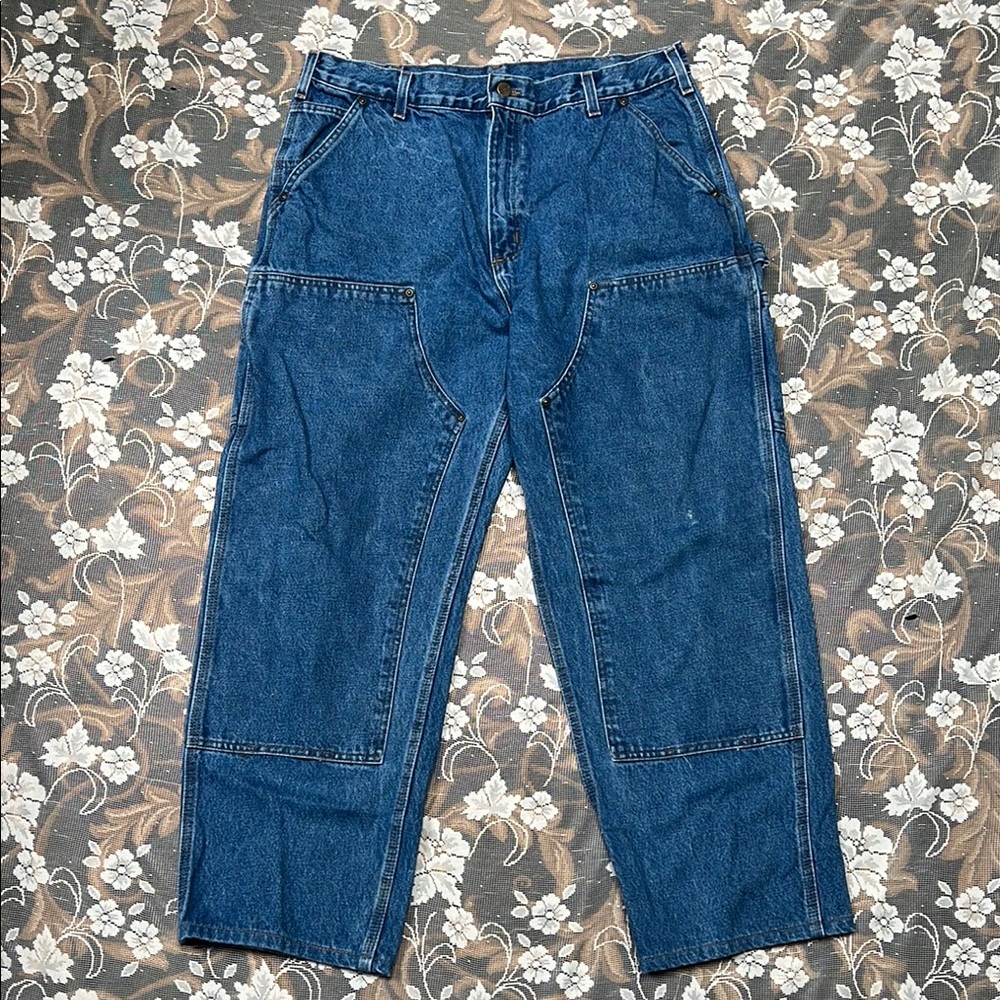 Carhartt Blue Denim Jeans Utility Style Double Knee Dungaree 100% Cotton 36x30